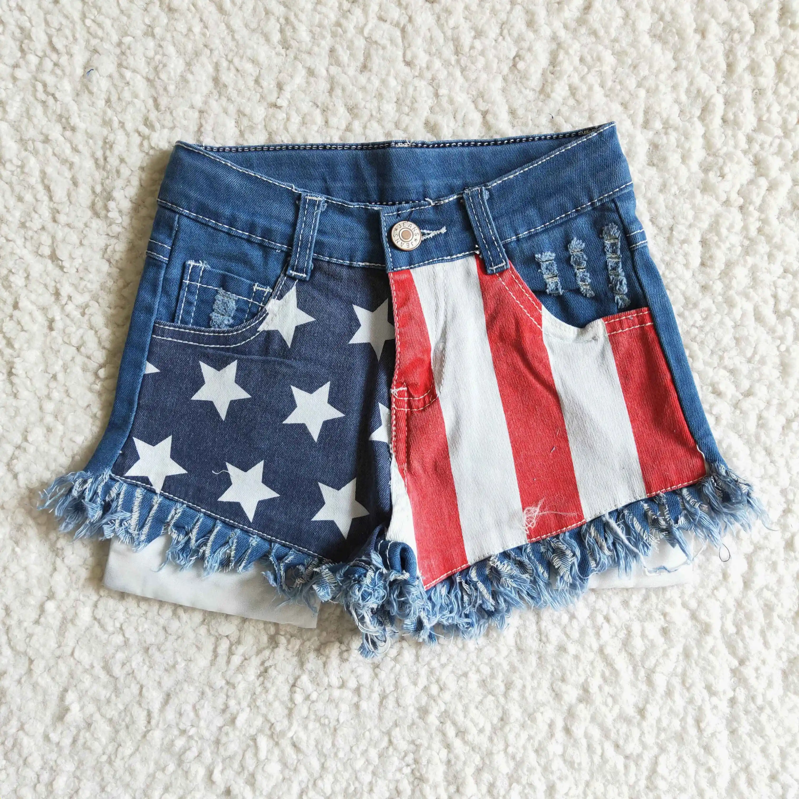 

H​ot Selling RTS Stars Stripes Children Blue Denims Baby Girls Summer Short Pants Kids 4th Of July Shorts