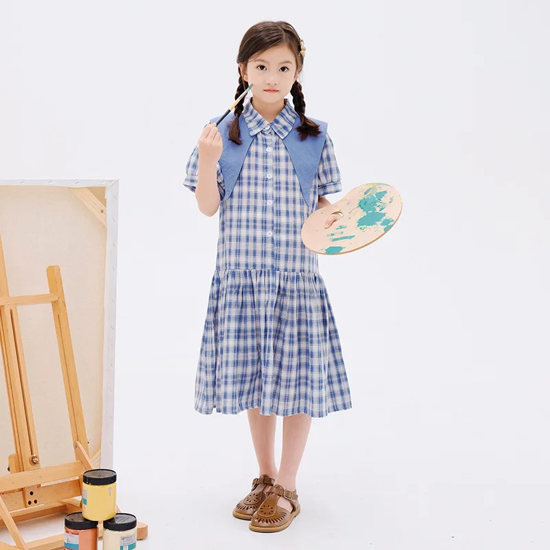 

Girls Midi Length Dress 2022 Summer Children New Preppy Style Princess Dress Kids Plaid Loose Clothing, #6936