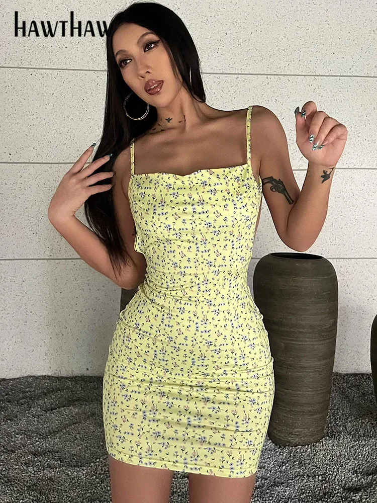 

Женское облегающее мини-платье Hawthaw, с цветочным принтом, с открытой спиной, одежда для улицы, для лета и осени, 2022