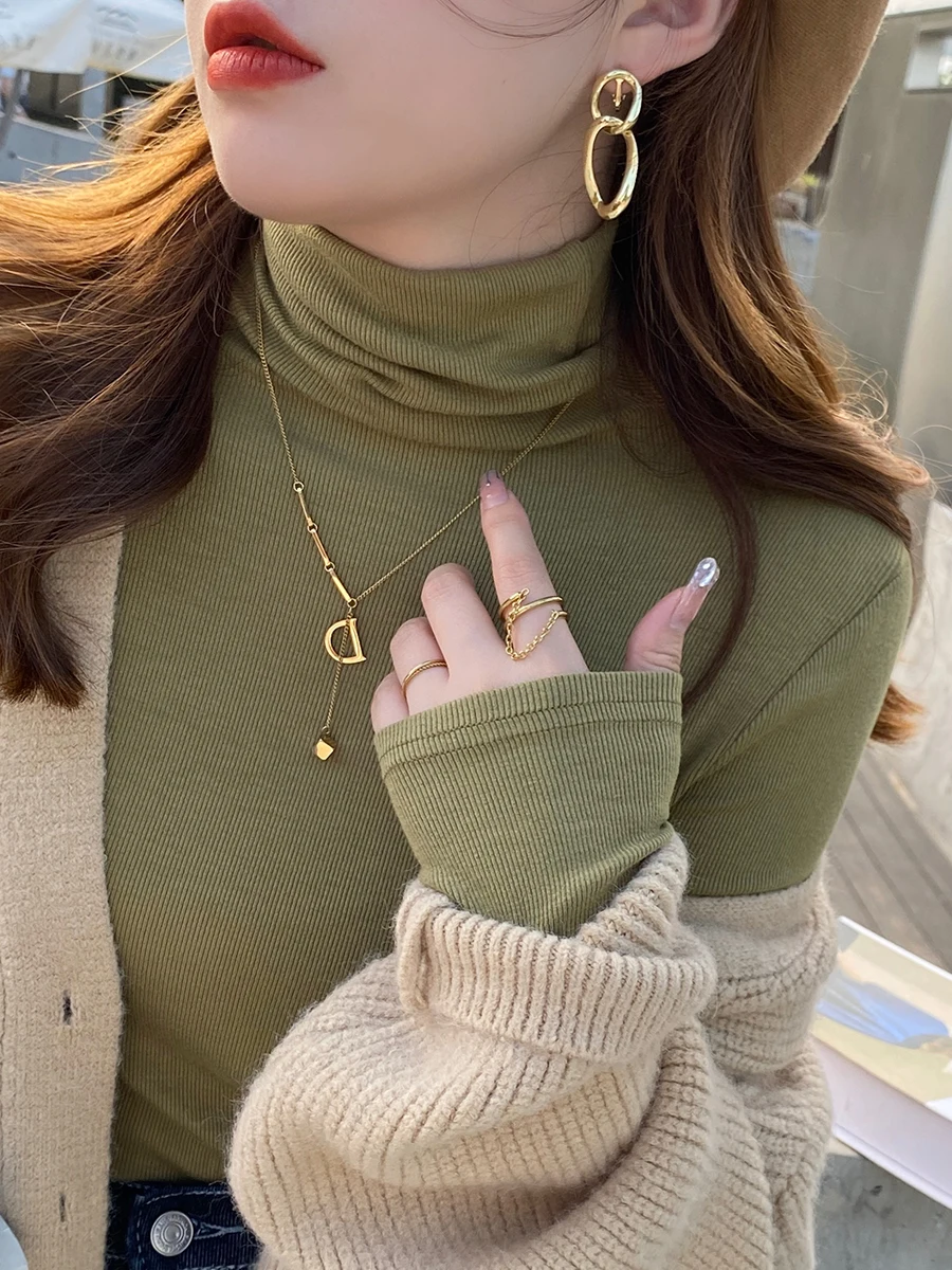 Turtleneck Shirt 2023 New Women Autumn and Winter High Sense Inner wear Pile Collar Solid Slim fit Western Sle Top |