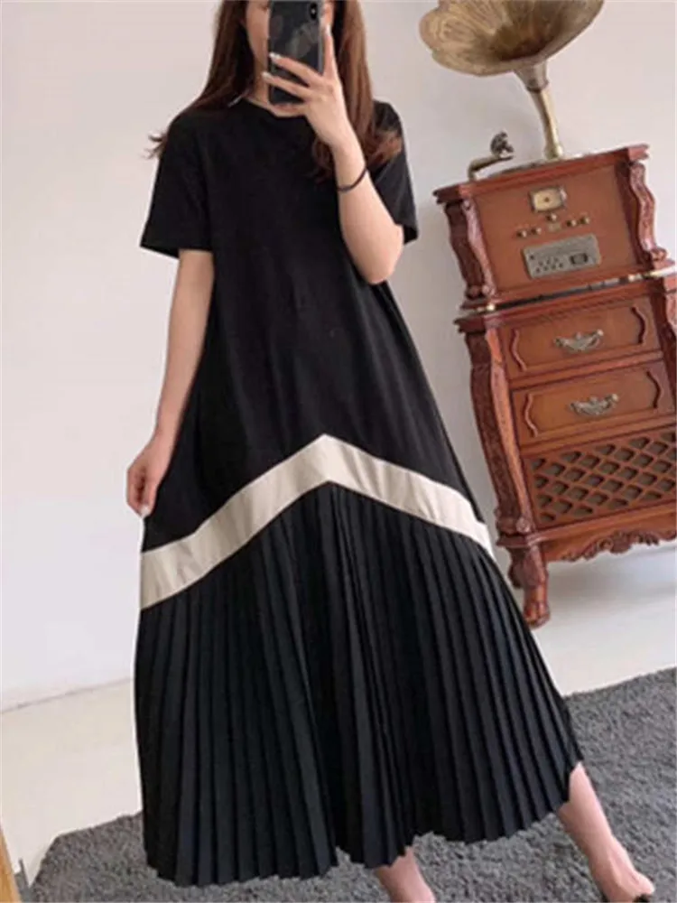 Женское плиссированное платье с длинным рукавом круглым вырезом и высокой