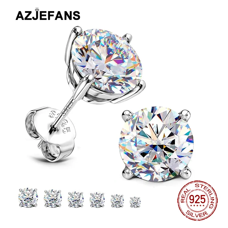 Фото Серьги-гвоздики AZJEFANS из стерлингового серебра 925 пробы с круглыми сверкающими цирконами, изысканные ювелирные изделия №1