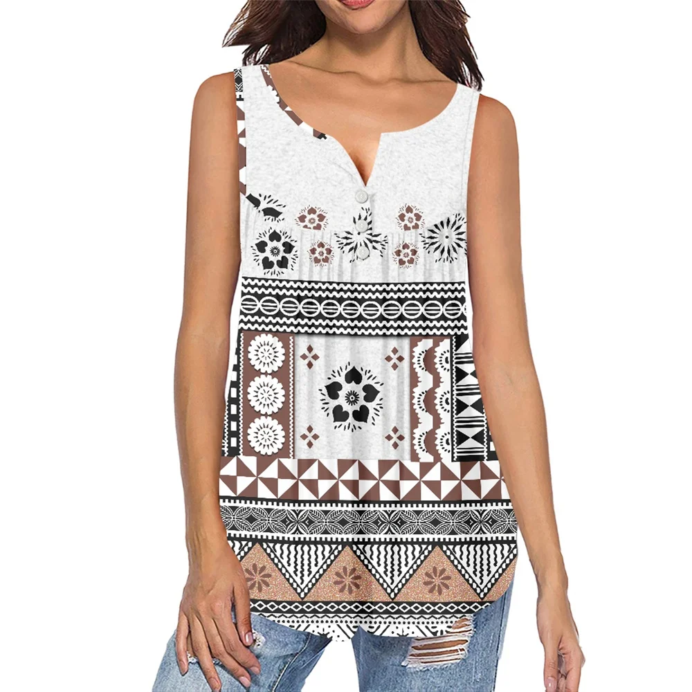 

Женские модные Свободные плиссированные майки без рукавов, полинезийские этнические Фиджийские тонганские белые с цветочным принтом, модн...