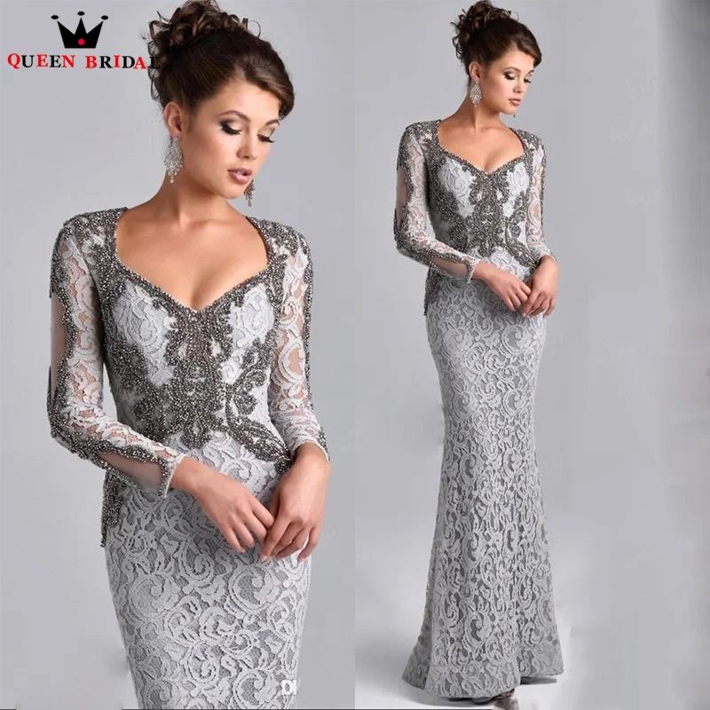 

Gray Beaded Lace Mermaid Mother of the Bride Dresses Long Sleeve Appliques Luxury Bride Mother Party Dress Custom Made DT60