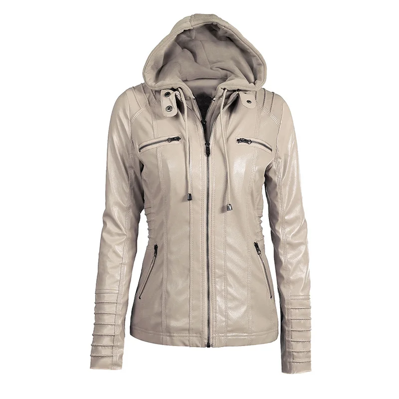 

7XL Women Hooded Pu Faux Leather Jackets Streetwear Motorcycle Hat Detachable Casual Leather Punk Outerwear