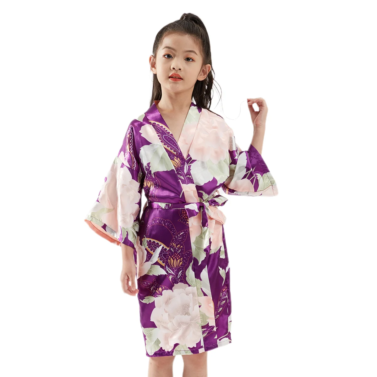 Wholesale Link Kids Bathrobes Children Sleepwear Clothing Girls Stain Silk Kimono Peony Flower Robe For Spa Wedding Birthday