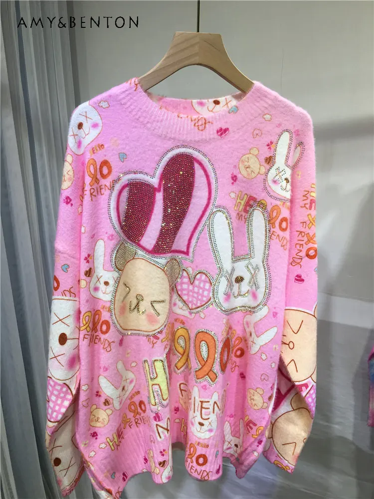 

Heavy Embroidery Hot Drilling Sweater Women's Cute Bunny Extra Thick Mink Cashmere Sweater Top Round Neck Tops Autumn and Winter