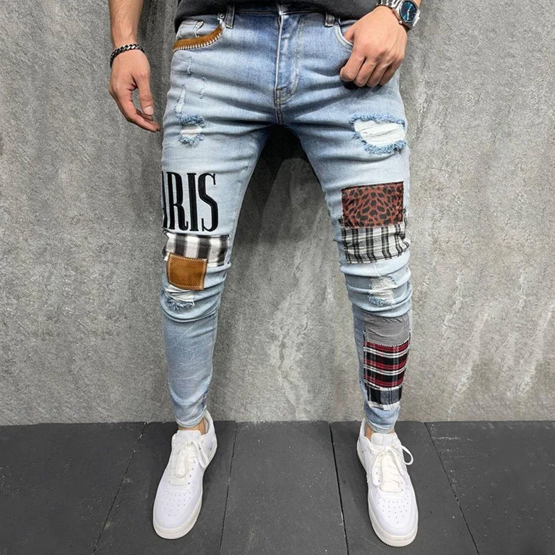 

Men's Hi Street Ripped Jeans Pants With Patches Brand Designer Destroyed Denim Trousers Skinny Stretchy Cowboy Bottoms