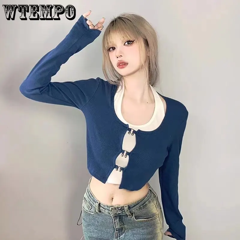 

Metal Button Knitted Cardigan Two-piece Set Women Halter Vest Cropped Top Navel Exposure Long Sleeve Inside Hottie Pure Desire