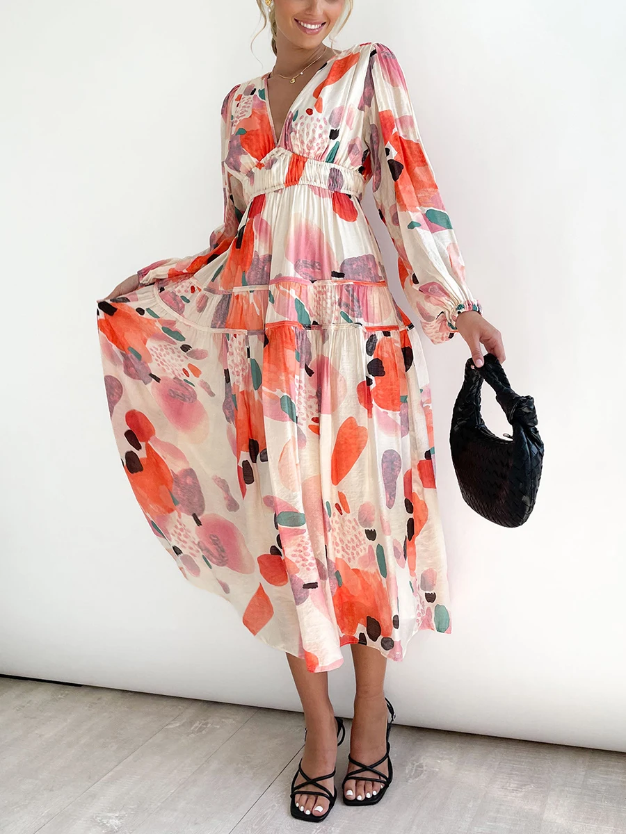 

Gloomia Women s Boho V Neck Floral Print Midi Dress Smocked Bridesmaid Dress Flowy Boho Beach Dress (as1 Alpha s Regular