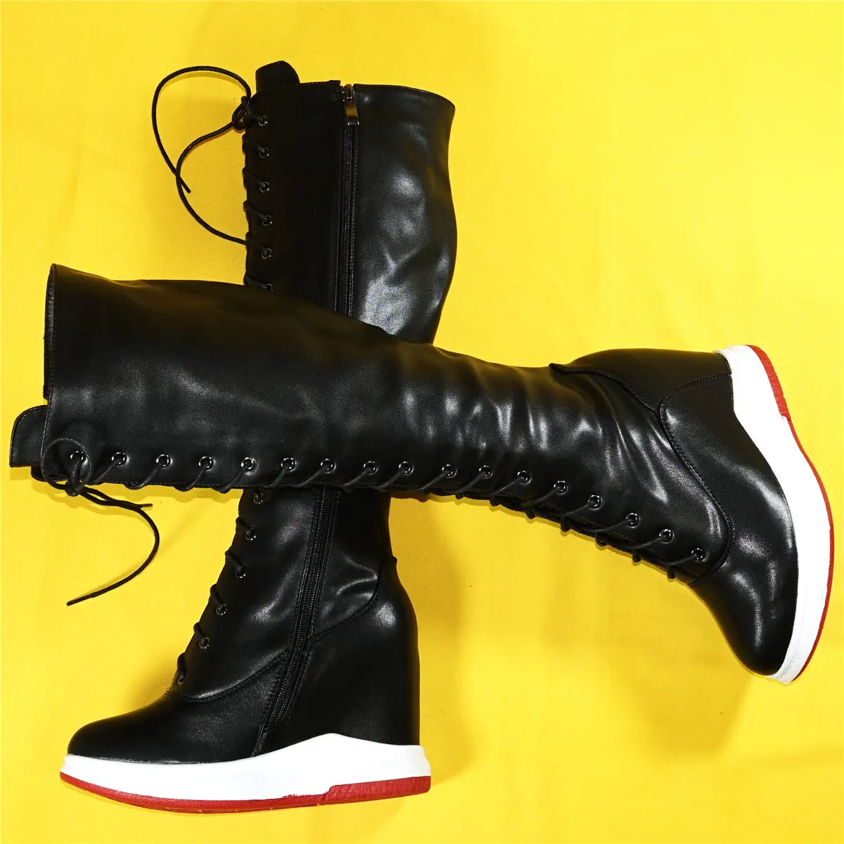 Casual Shoes Women Lace Up Genuine Leather High Heel Vulcanized Shoes Female Round Toe Fashion Sneakers Winter Platform Pumps