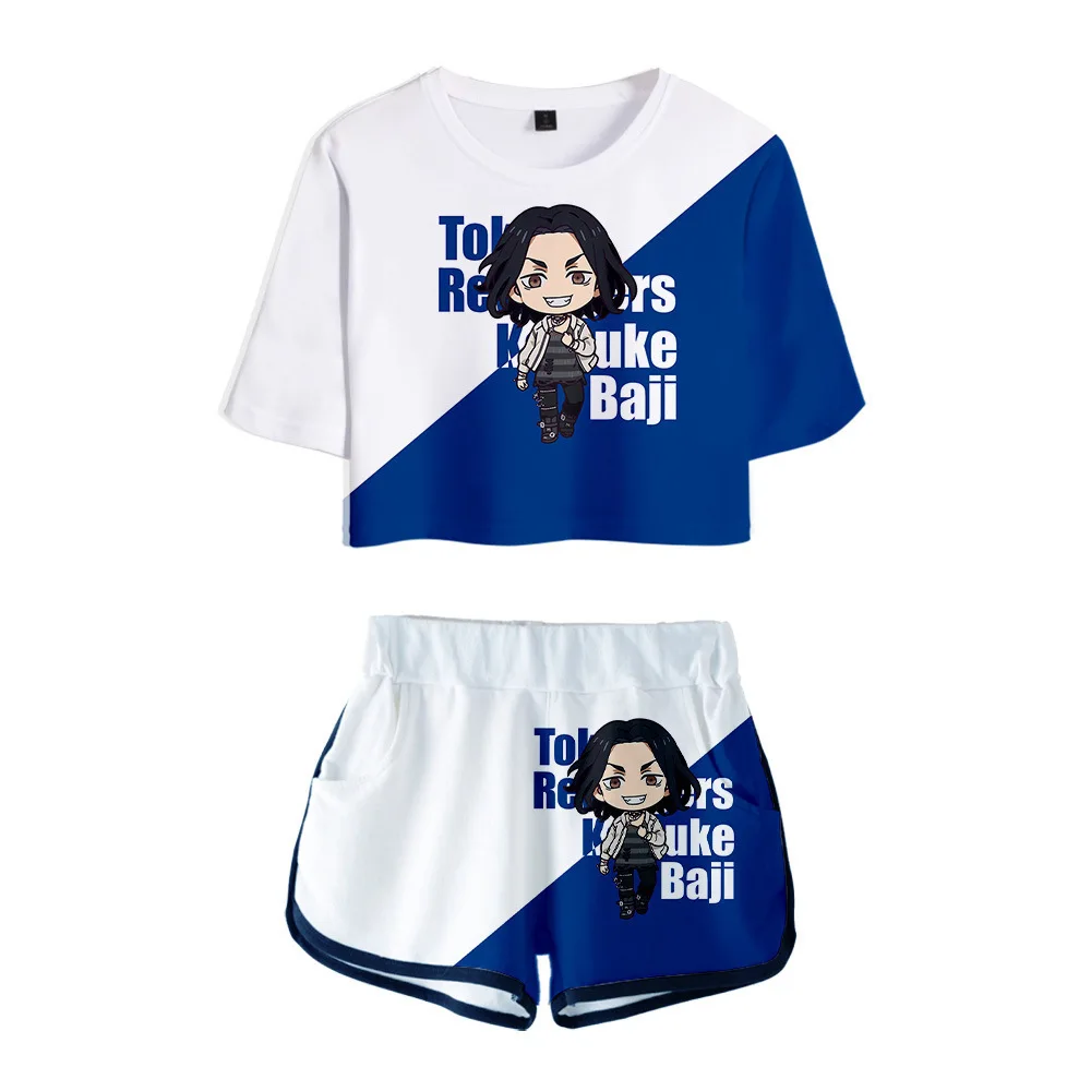 

Kawaii Tokyo Revengers Q 3D Print Dew navel Sport Girl suits Youthful Two Piece Set Summer Women Sexy Shorts+lovely T-shirt