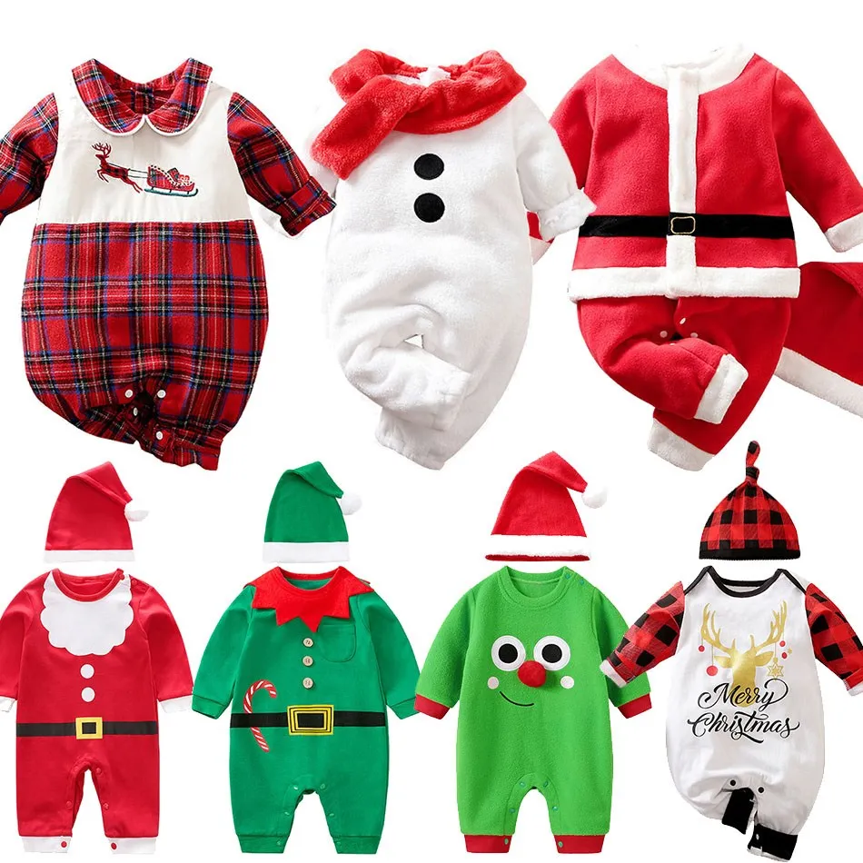 

2022 Christmas Baby Rompers Newborn Baby Girls Boys Clothes New Born Infant Santa Claus Reindeer Snowman Elf Costume Hat 0-18M
