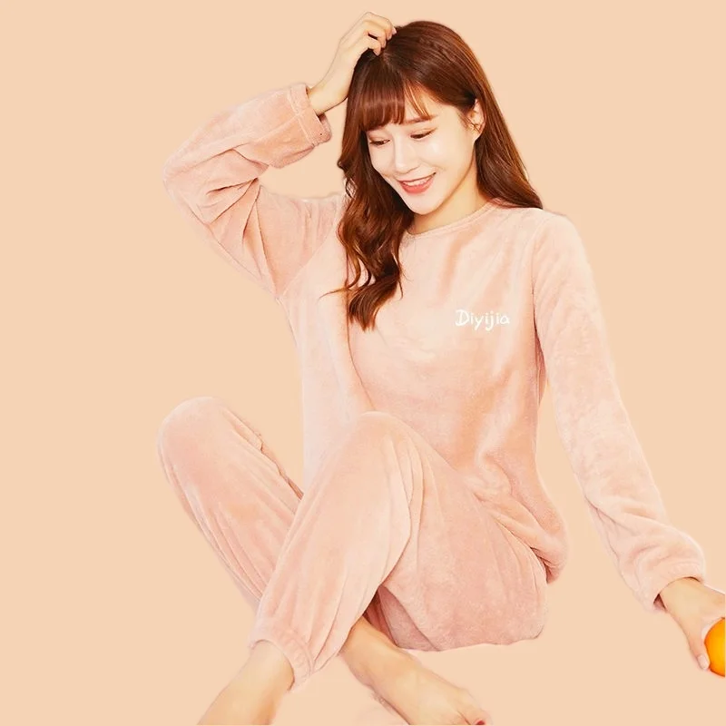 Women's Pajamas Set Hooded Plush Warm Pyjamas Homewear Full-Sleeve Long Pants 2Piece/Set Cozy Sport Sleepwear