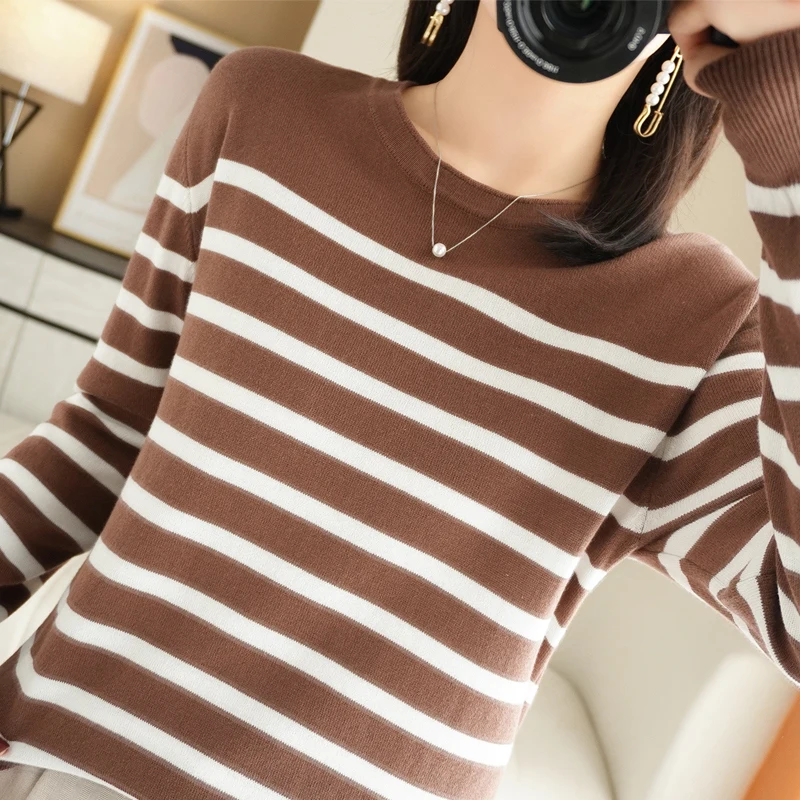 

2022 Spring/Autumn New Ladies Pullover Casual Loose Sweater 100% Cotton Worsted Knit Crew Neck Top Striped Sweater Long Sleeve
