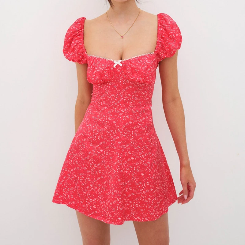 

Платье-мини женское ТРАПЕЦИЕВИДНОЕ с цветочным принтом и бантом