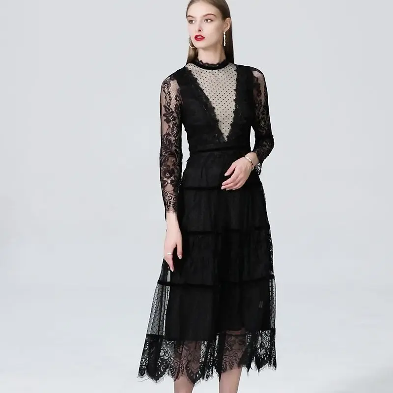 

Y2k Solid V-neck Hollow Dress 2022 Spring Autumn New Korean Fashion Net Yarn Wave Dot Lace Patchwork Slim All-match Dress Trend