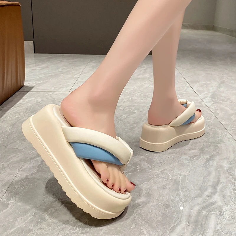 Women Clip Toe Chunky Platform Slippers for Summer 7.5CM Wedge Heels Flip Flops Woman Black Slip-On Thick Bottom Sandals Laides