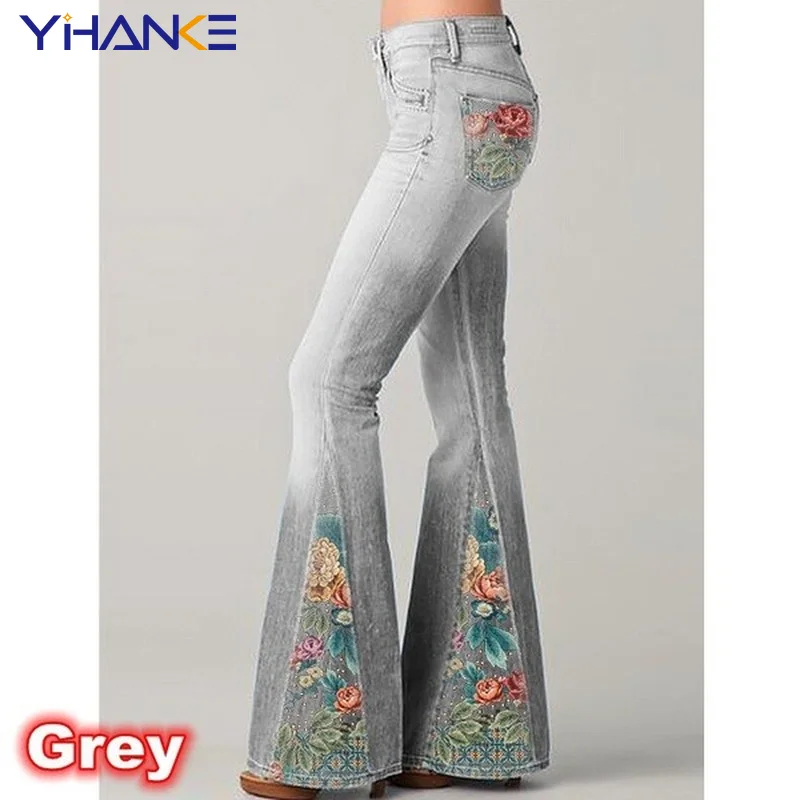 New Plus Size S-5XL Women' Fashion Trending Vintage Bell Bottom Denim Pants Middle Waist Fitted Denim Jeans Flare Slim Pants