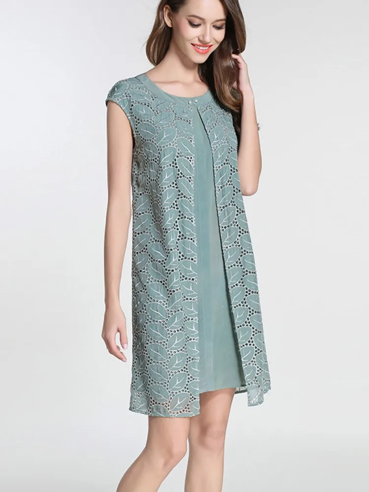 

Gowani Women's Summer Silk Fake Two Piece Loose Crew Neck Embroidered Cutout Elegant Casual Knee Length Dress