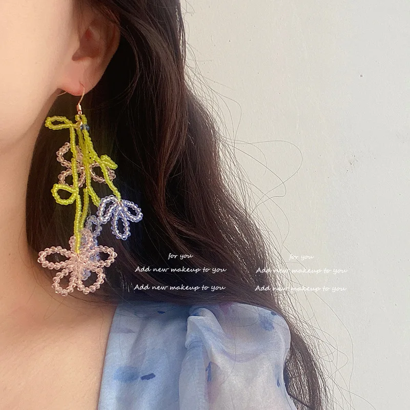 

Korean Chic Handmade Colorful Beads Flower Long Dangle Earrings Brincos Jewelry