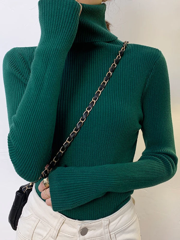 

New 2022 Women Pullover Turtleneck Sweater Female Clothing Autumn Elastic Korean Simple Basic Cheap Jumper Solid Color Top