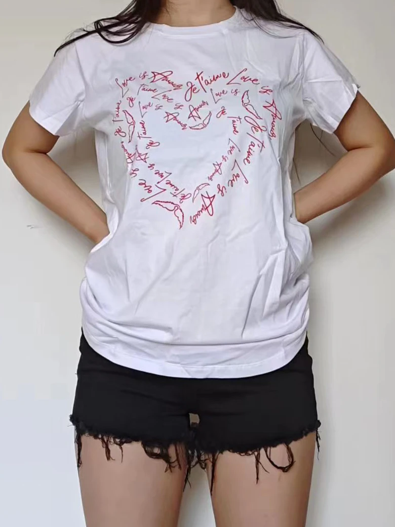 

New heart pattern T Shirt Women 2023 short sleeve Round Neck Tees Casual Hipster Clothes Comfortable and minimalist Tops