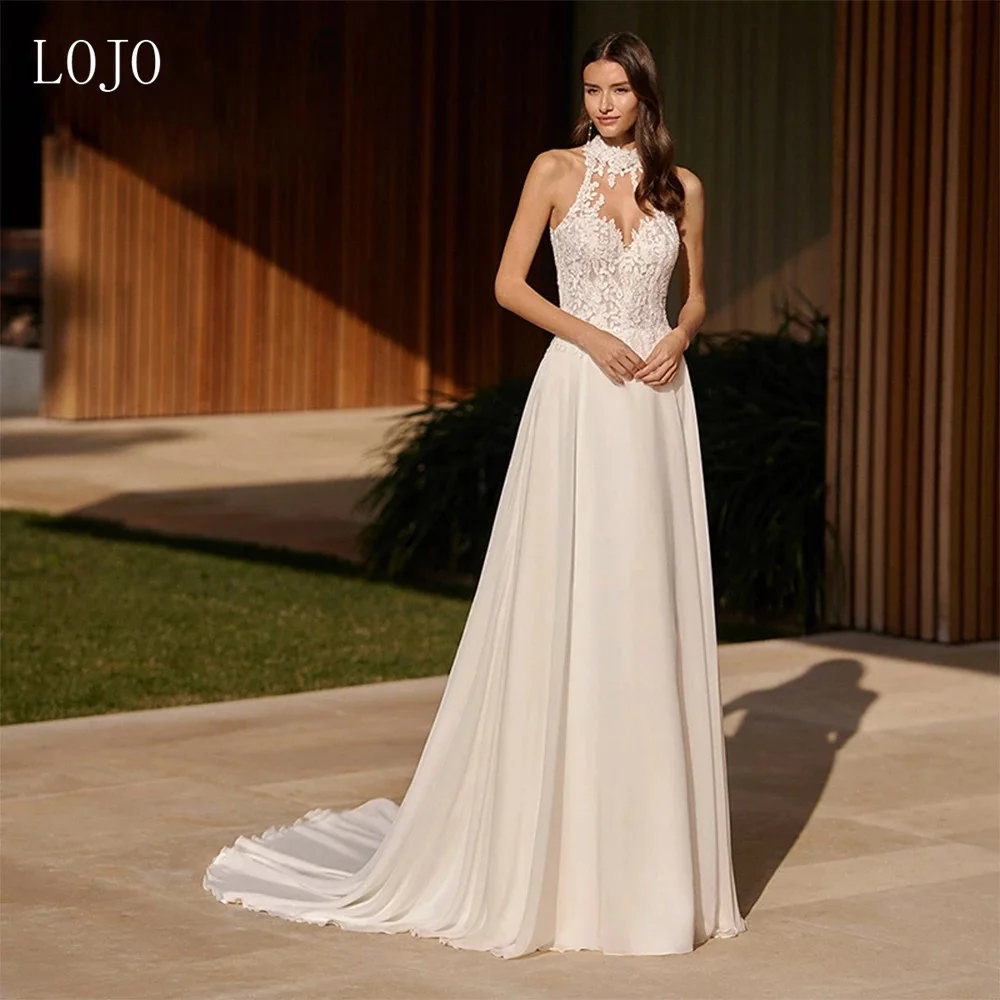 Купи LOJO wd142 High Neck Chiffon Boho Wedding Dress Backless Women Lace Applique A Line Bridal Gown Sweep Train Vestidos за 4,637 рублей в магазине AliExpress