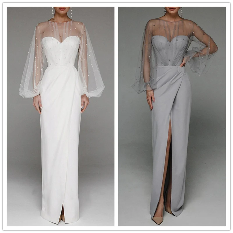 

Mandylandy женское сексуальное Сетчатое вечернее платье с жемчужинами, женское элегантное платье с длинным рукавом-фонариком