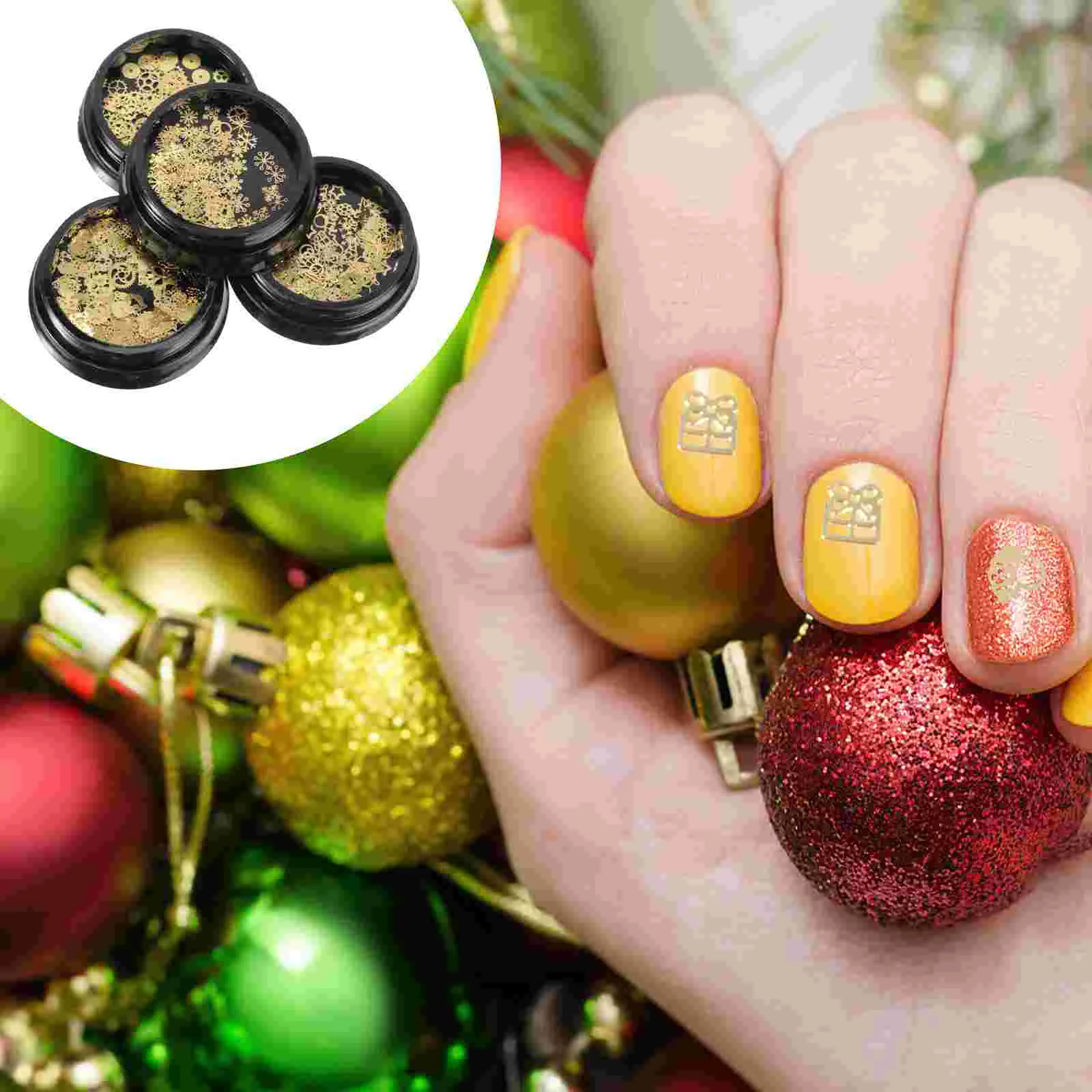 

4 Cases Christmas Nail Sequins 3D Snowflake Nail Patch Metal Slices Golden Nail Stickers for Nail ( Golden )