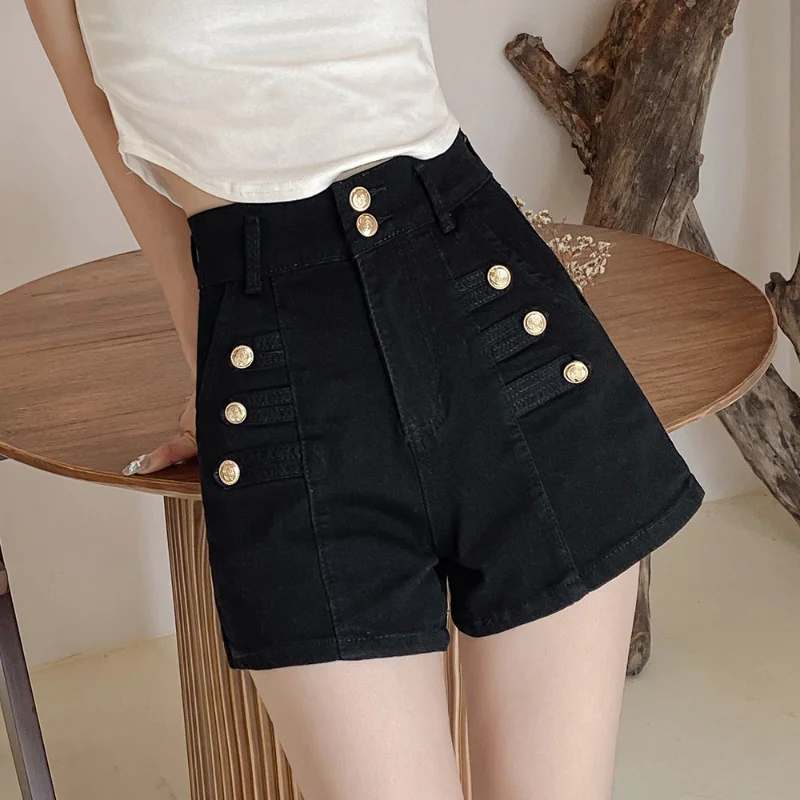 High Waisted Double Grain Buckle Denim Shorts Women Summer Solid Color Thin A Line Loose Slimming Hot Pants Spicy Girls Fashion