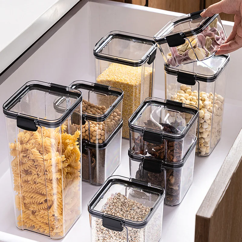 

1PC Clear Food Storage Box Container with Lid Plastic Kitchen Pantry Organization Canister Grains Sealed Can Snack Dry Goods Jar
