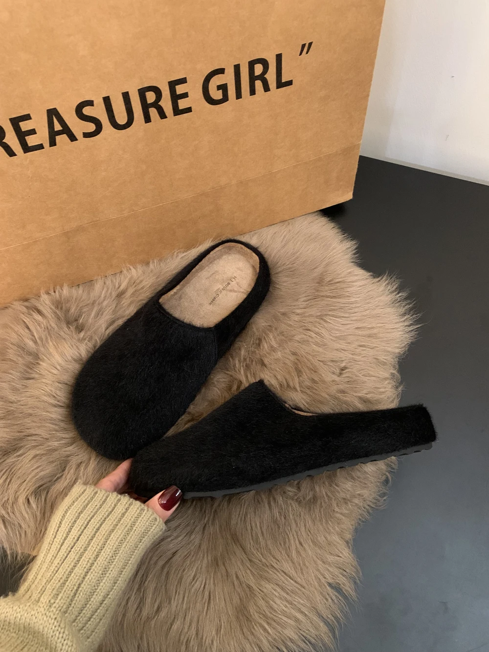 Обувь Резиновые тапочки Женские шлепанцы с закрытым носком Меховые на платформе