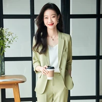 2022 spring summer korean fashion business suit half sleeve french jacket and womens casual double breasted blue trousers suit
