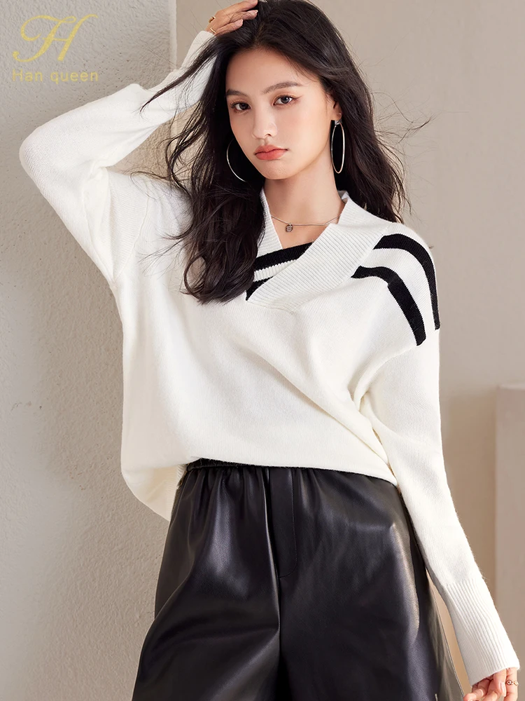 

Женский трикотажный топ H Han Queen, свободный эластичный пуловер с длинным рукавом и круглым вырезом, осень