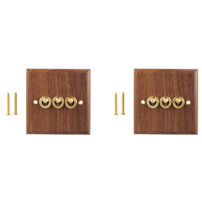 

2X Retro American Industrial Style Light Switch Socket,Solid Wood Brass Toggle Switch Plate,Antique Home Stay Switch(3)