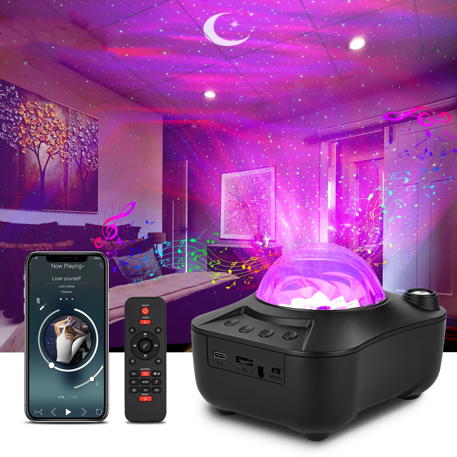 

Aurora Starry Sky Projector Galaxy Northern Light Ocean Wave Projection With White Noise Night Light Nebula Star Lamp Room Decor