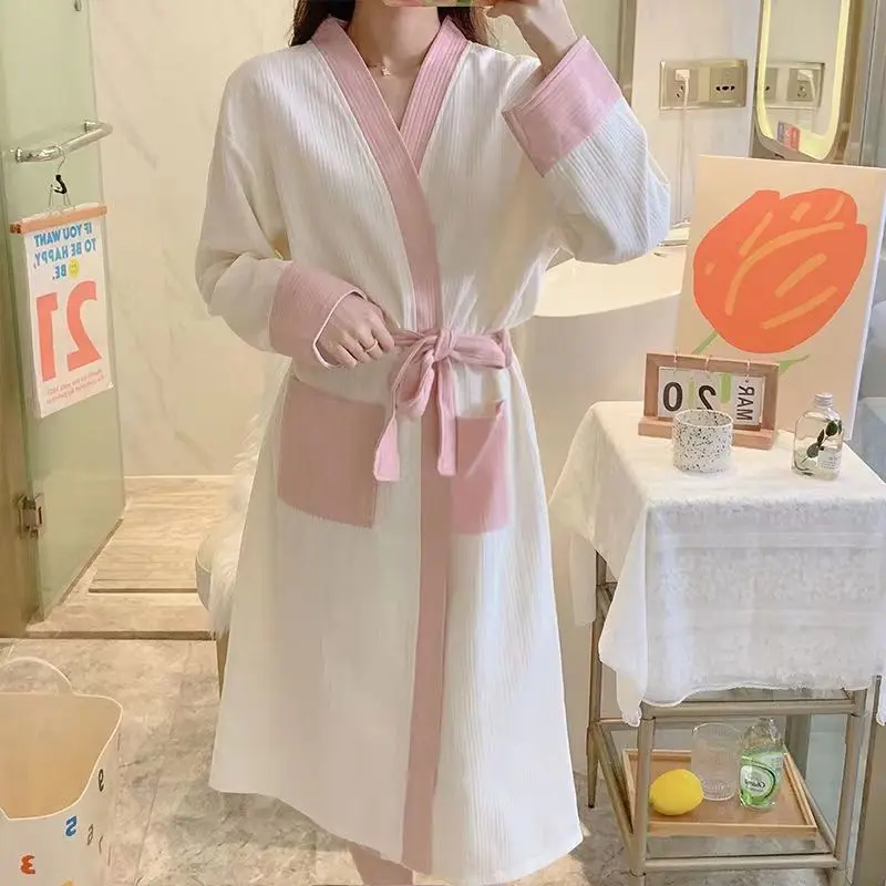 

2022 Japanese-style Female Kimono Ladies Thin Cotton Nightgown Women Bathrobe Robe Home Service Long Sleeves Pajamas