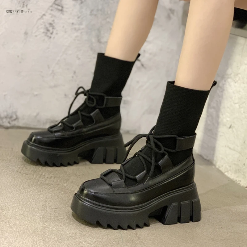 

Children's Boots 2022 New Ladies Casual Stretch Fabric Socks Boots Fashion Cross-lace Women's Shoes Thick-soled Boots