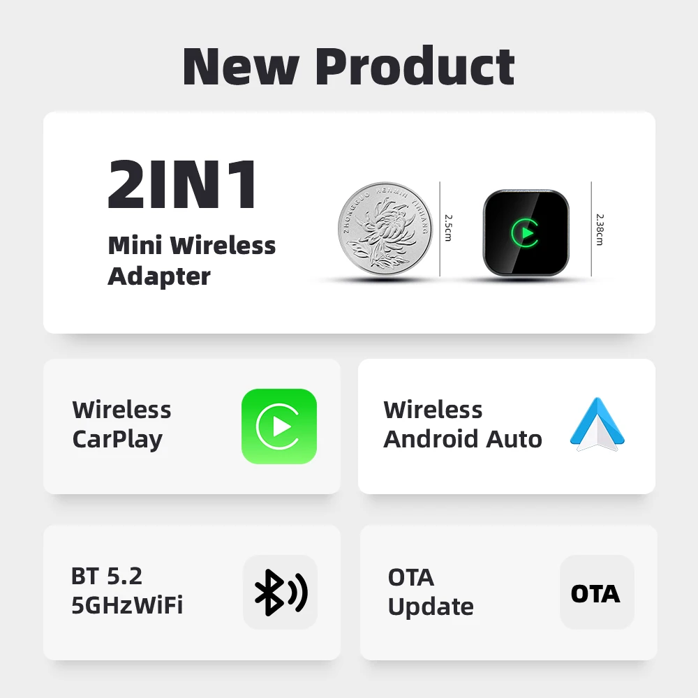 Фото Xiaomi Wireless CarPlay Dongle Беспроводной Android Auto адаптер 2в1 Автомобильная интеллектуальная система AI Smart Box для автомобиля с проводным CarPlay №3