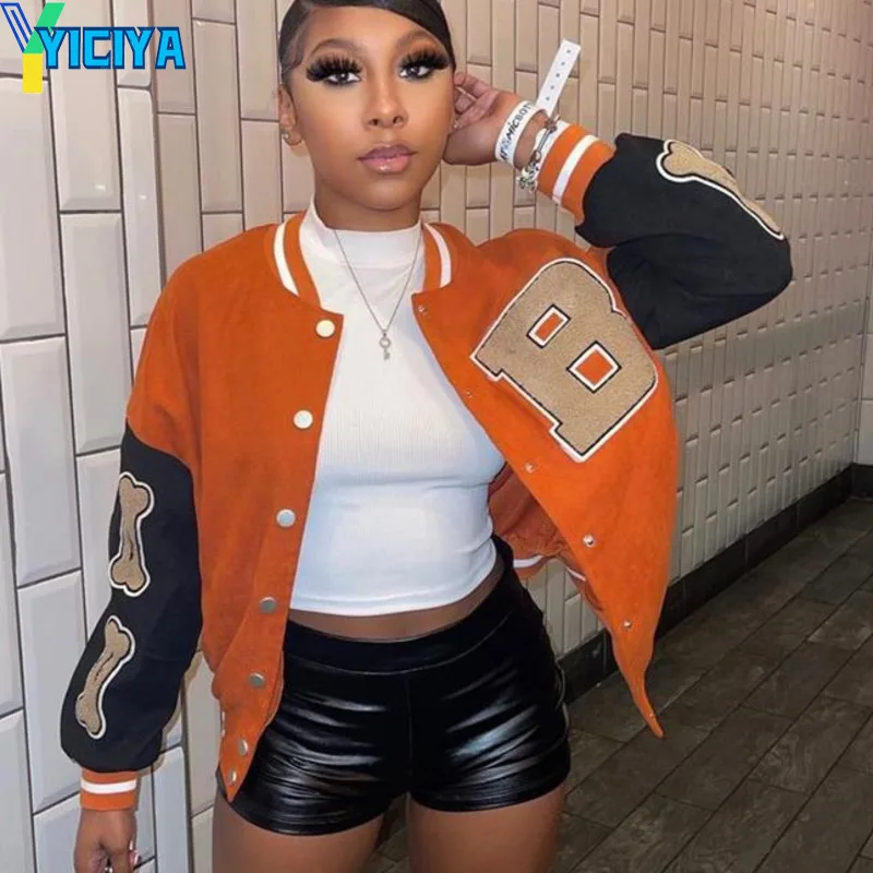 

YICIYA зимняя оранжевая бейсбольная модная куртка для женщин 2022 лоскутный топ с принтом на пуговицах куртки пальто свободная куртка-бомбер