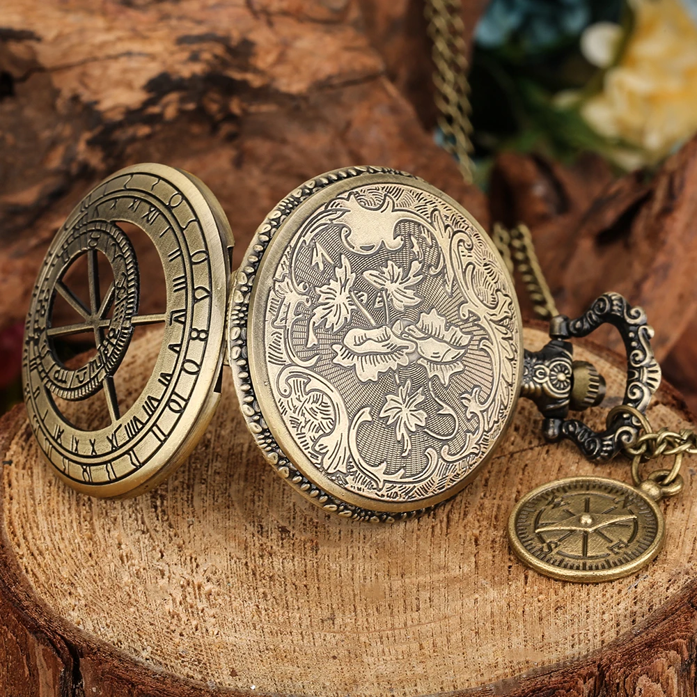 

Retro Bronze Hollow Quartz Pocket Watch Astrology Compass Watch Steampunk Compass Accessories Pendant Chain Clock Gift Unisex