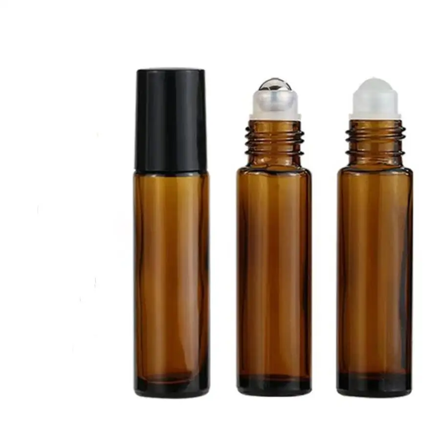 

100pcs Amber 10ml Glass Bottle Roll On Empty Fragrance Perfume Essential Oil Bottle 10ml Roll-On Black Plastic Cap Bottle SN1020