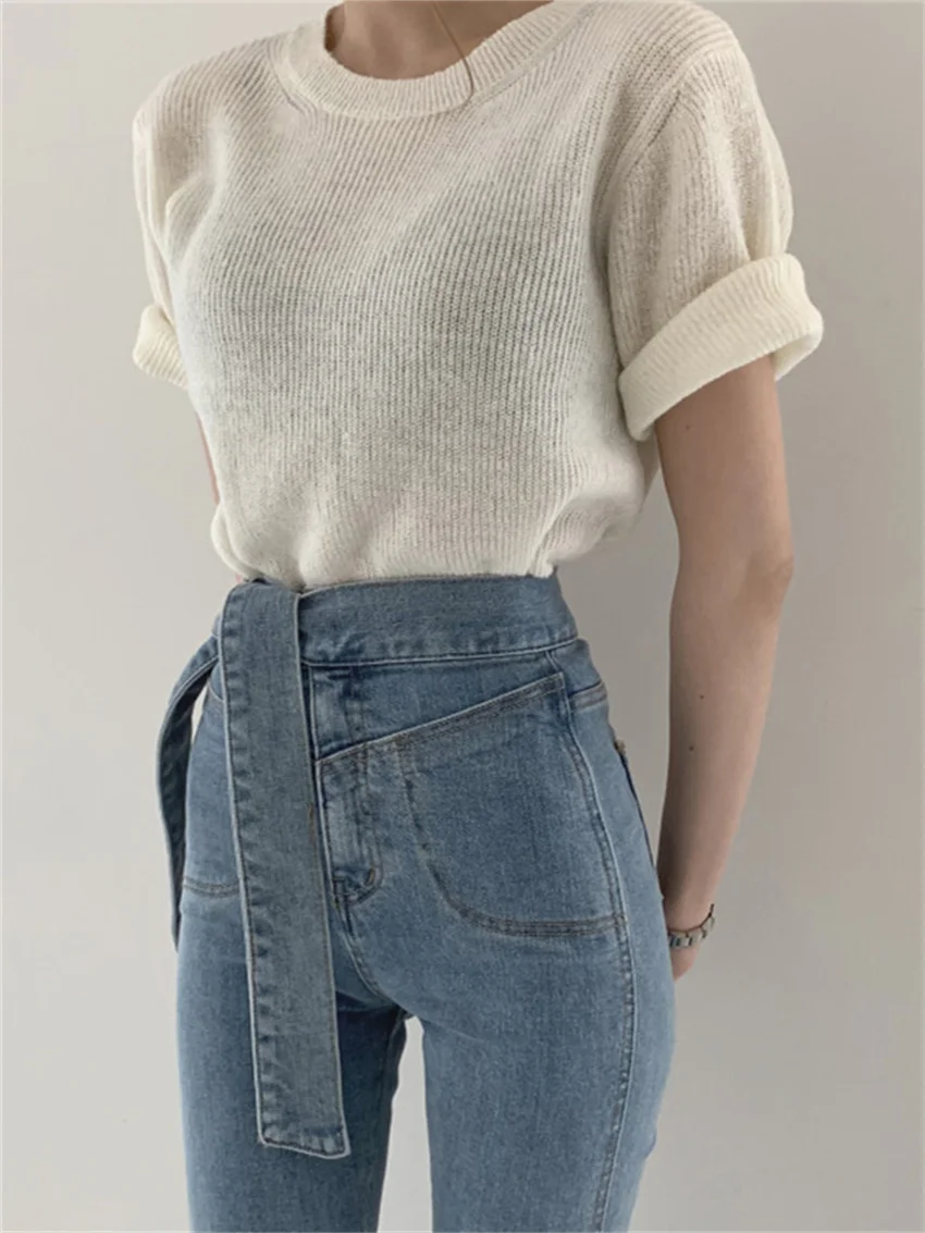 

Мягкие женские свободные свитера HziriP, летние футболки с коротким рукавом, однотонная Новая повседневная офисная одежда, женская уличная од...