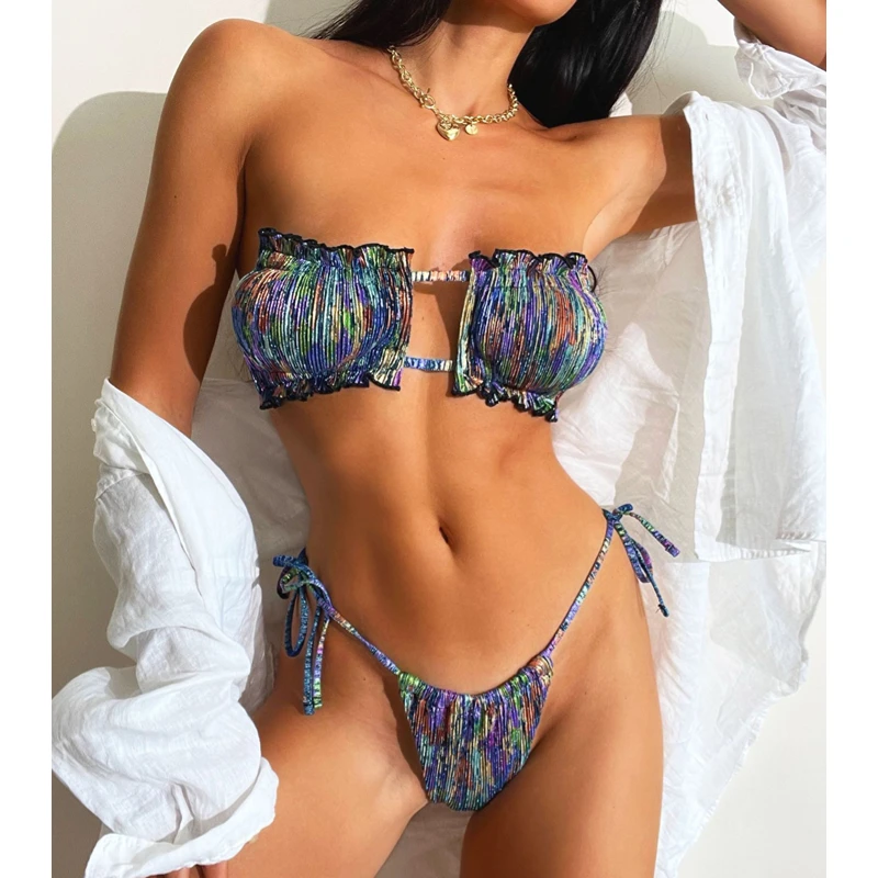 

Womens Sexy Thong Bikini Set Ruffle Swimsuit 2 Piece Bathing Suit Tie Side Bikini Bottoms