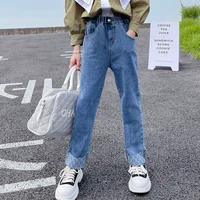 2022 teens girls high waist elastic denim pencil pants solid color children rolled up trousers straight jeans 5 7 9 12 15 years