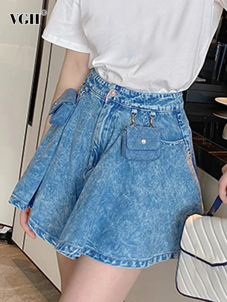 

VGH Casual Loose Blue Denim Shorts For Women High Waist Patchwork Pockets Vintage Short Pants Female Fashion Clothing Style 2022