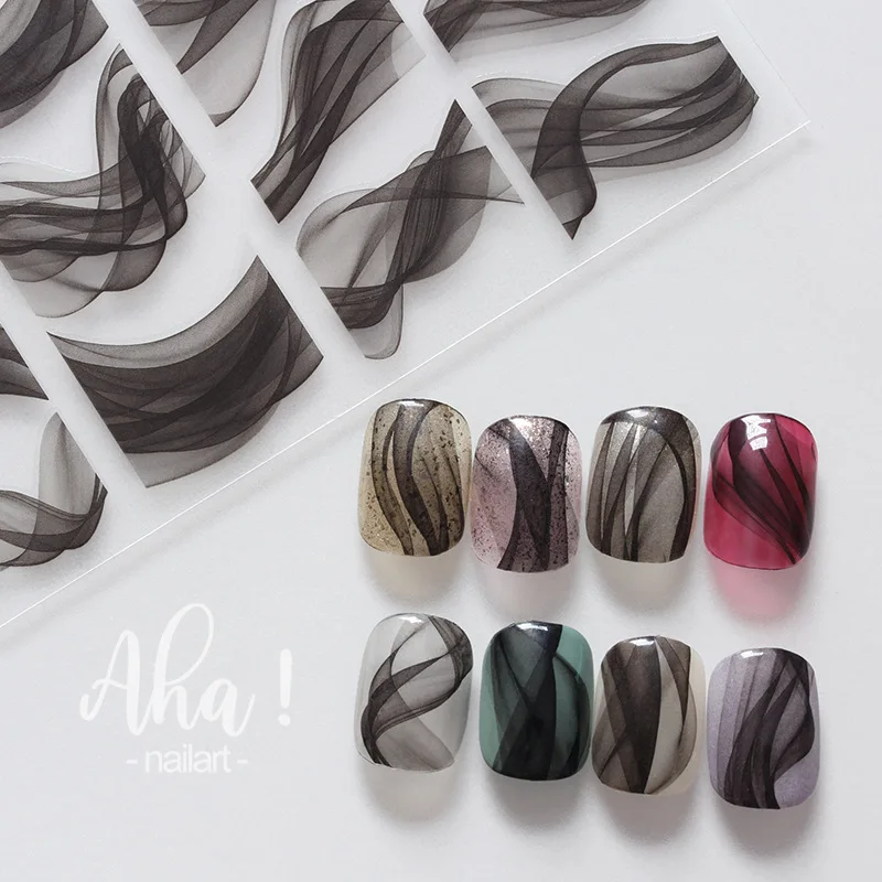 

Aha! Translucent Black Smog Nail Sticker 3D Flowing Black Ribbon Self-Adhesive Decal Slider Blooming Ink French Nail art Decals