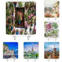 street flowers plant shower curtain retro building old door rural scenery background wall decor hanging curtains set with hooks