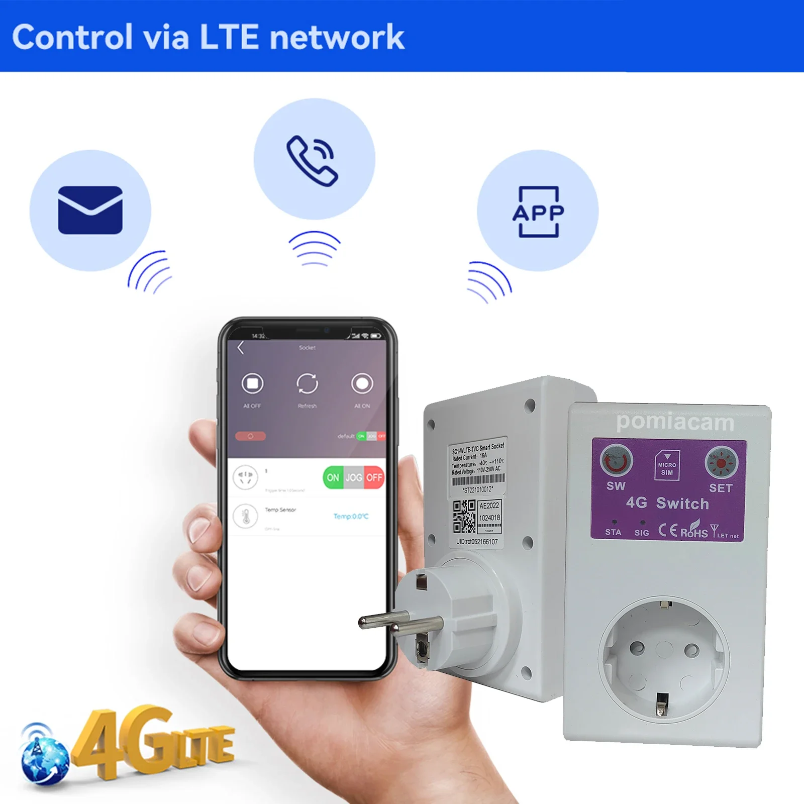 SC1-4G SMS Smart Power Socket Управление SIM-картой Розетка ВЫКЛ/ВКЛ 16А Розетка Контроллера Интеллектуальная вилка с датчиком температуры